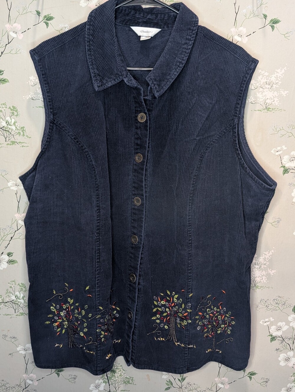 CJ Banks Blue Corduroy Vest with Embroidery and Beading PTP: 27, L: 28